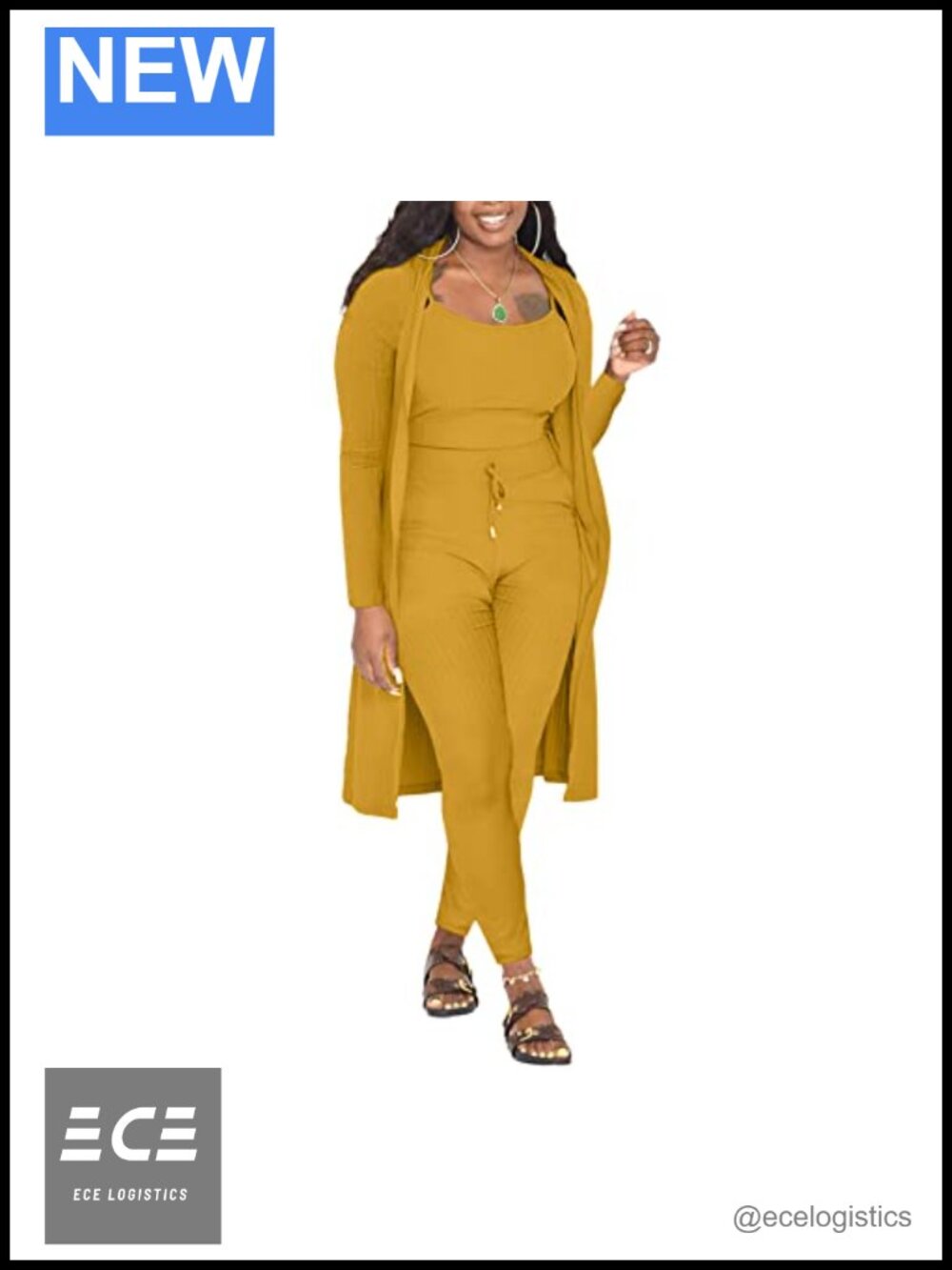 Rib Knit 3 Piece Lounge Set Long Cardigan Cami Top Skinny Pants
